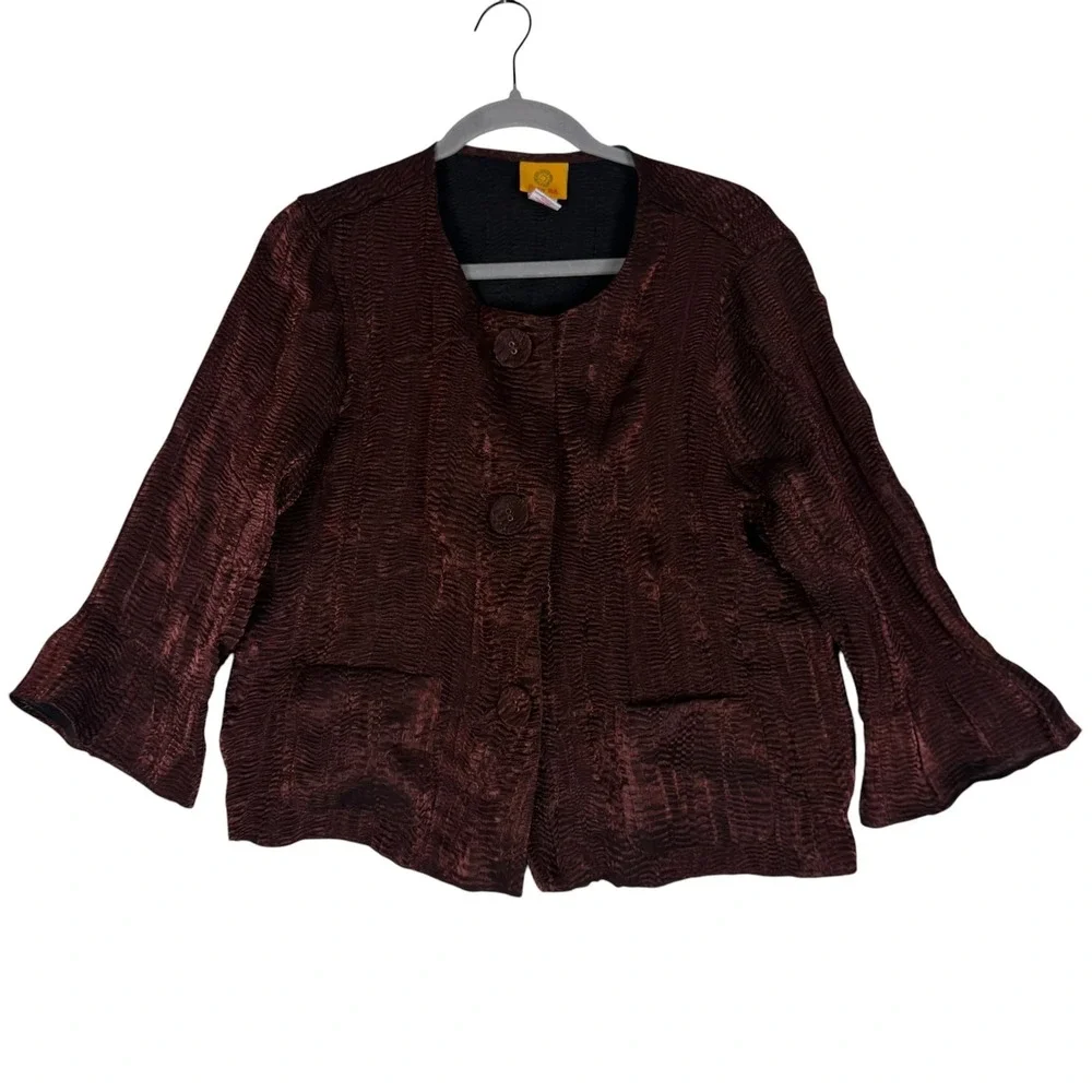 Ruby Rd Jacket Womens 12 Brown Textured Button Front 3/4 Sleeve Lined Career
